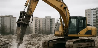 koparka z młotem hydraulicznym rozbija beton, dobór młota do koparki
