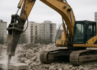 koparka z młotem hydraulicznym rozbija beton, dobór młota do koparki