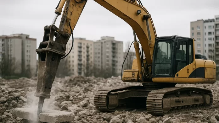 koparka-mlot-hydrauliczny-dobor koparka z młotem hydraulicznym rozbija beton, dobór młota do koparki