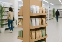 Jakie materiały wybrać do ekspozytorów przyjaznych środowisku ekspozytor POS z tektury w ekologicznym sklepie z produktami