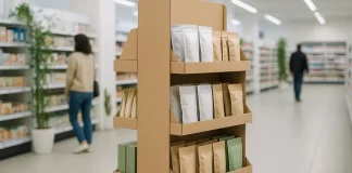 ekspozytor POS z tektury w ekologicznym sklepie z produktami