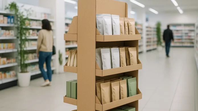 tekturowy-ekspozytor-pos-ekologiczny-sklep ekspozytor POS z tektury w ekologicznym sklepie z produktami